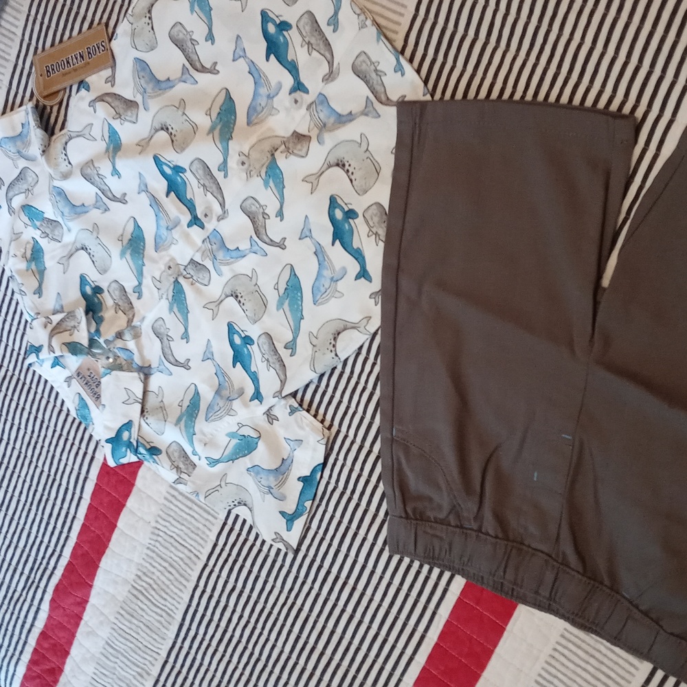 💚Brooklyn Boys 2 PC White Dress Shirt with sea animals/Gray Shorts size 5